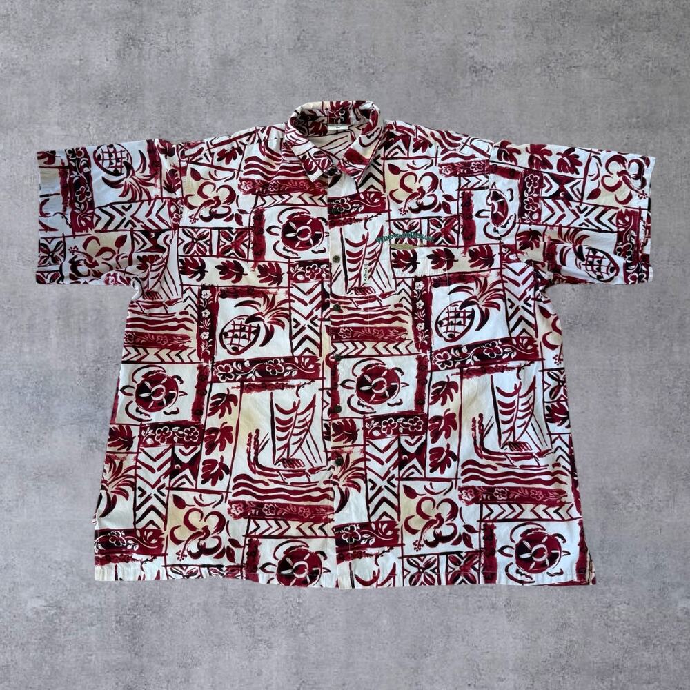 Vtg Go Barefoot Hawaiian Shirt 3XL Mens Made in USA Cotton Tapa Turtle Maroon